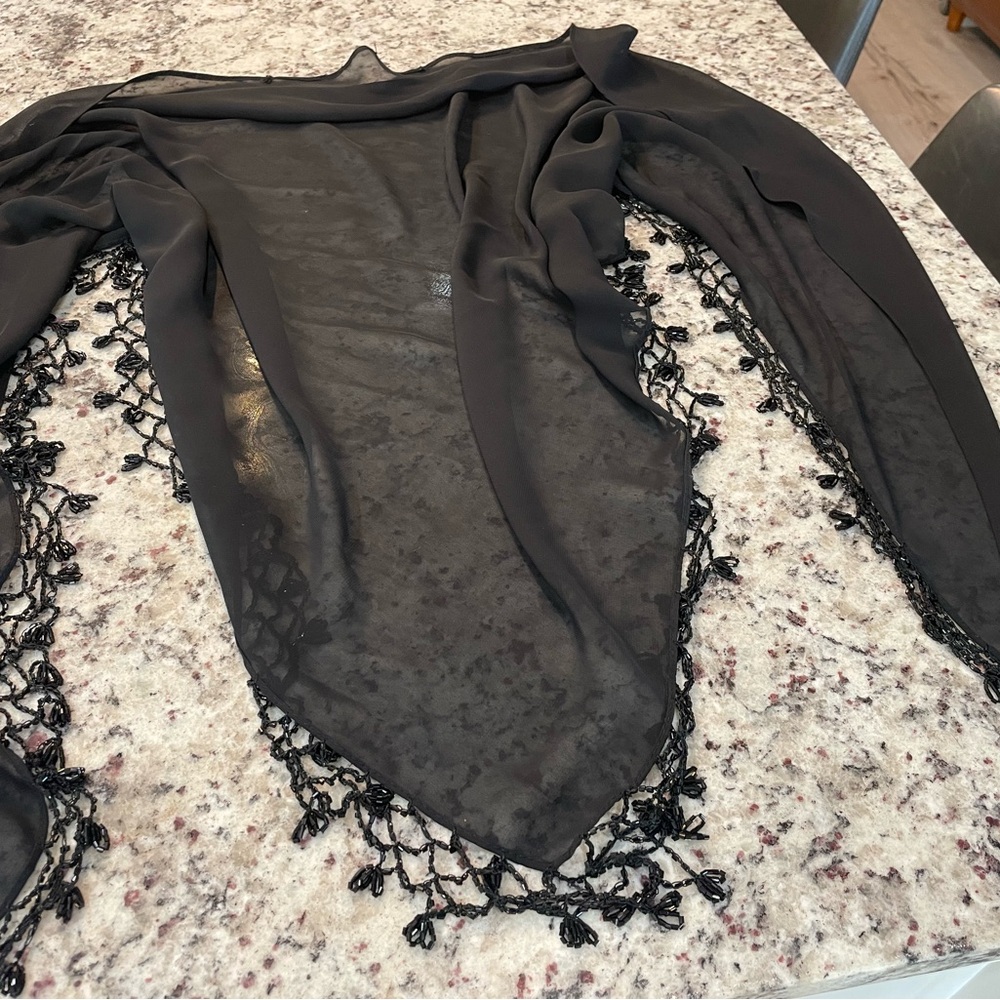 Elegant Black Sheer Shawl with Fringe